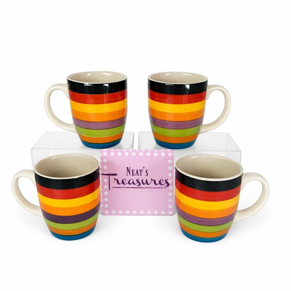 Philippe Richard RONDO Color Band Stoneware Hand Painted 10oz Cups Mugs Set of 4